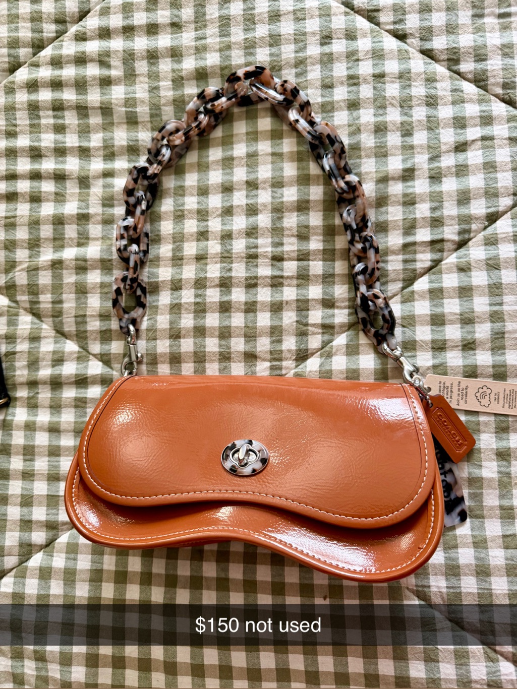 Coach Orange Patent Leather Shoulder Bag With Tortoiseshell Chain